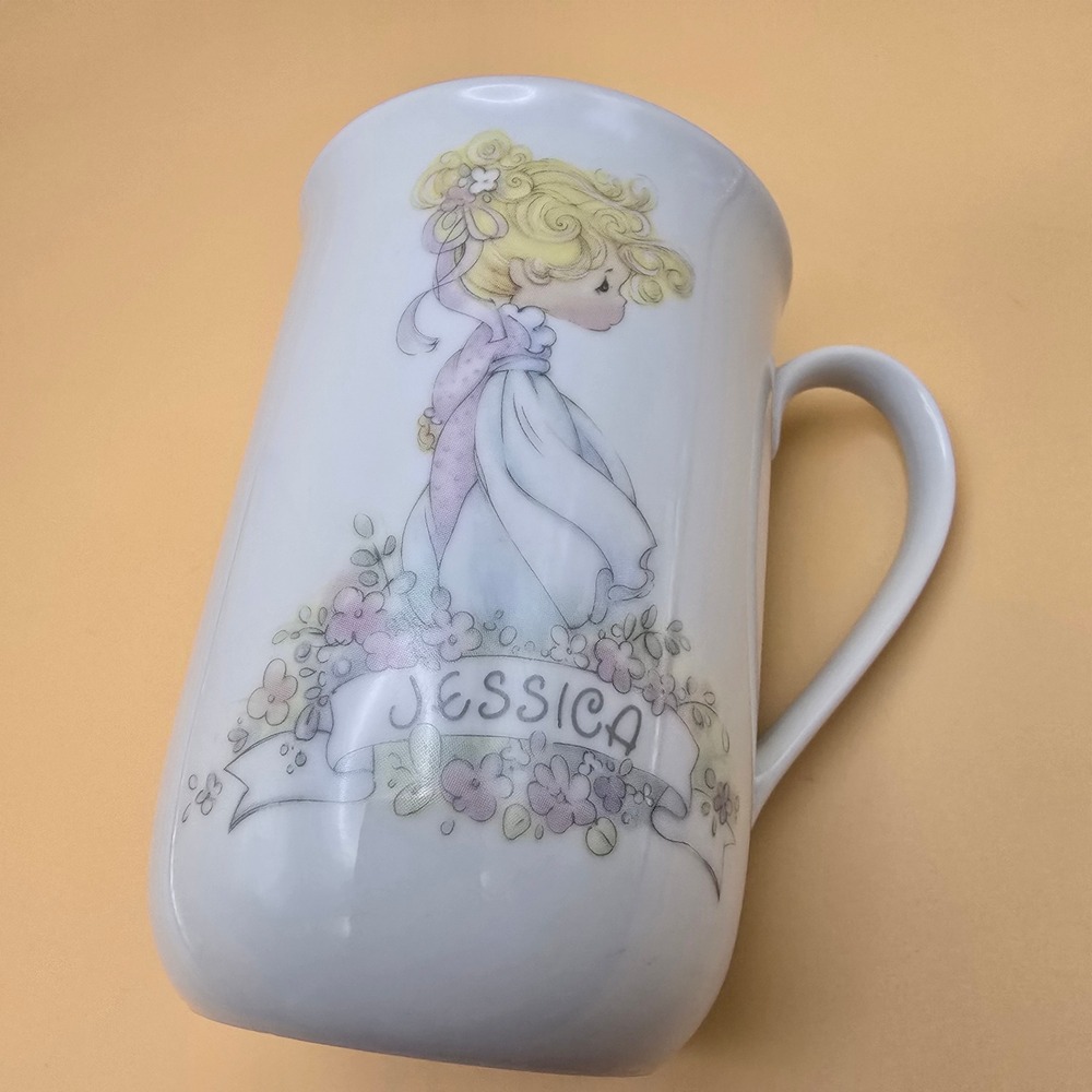 Vintage 1990 Precious Moments Jessica Name Coffee Mug Enesco Ceramic Blue White - Picture 5 of 14
